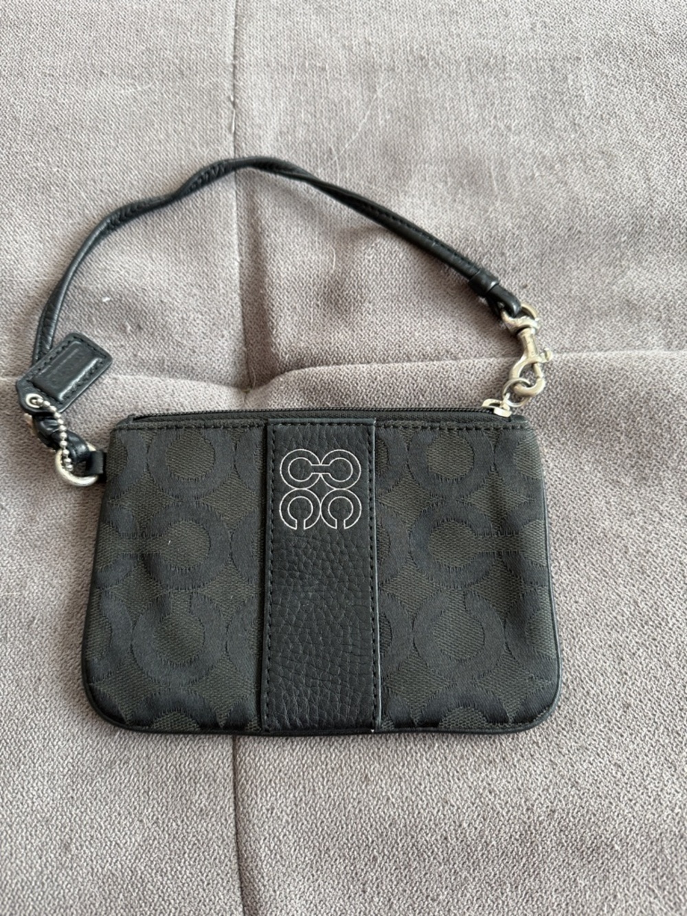 Coach Black Logo Jacquard Wristlet with Leather Trim